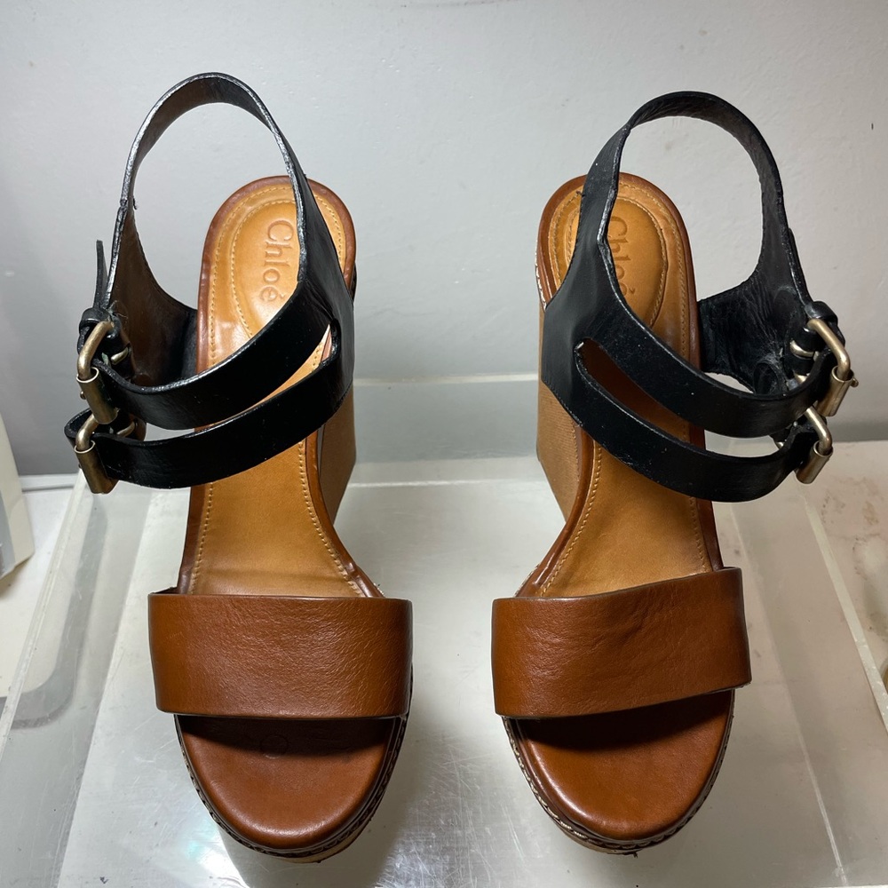 CHLOÉ Brown leather  /shoes / chloe wedge sz 37 made in italy